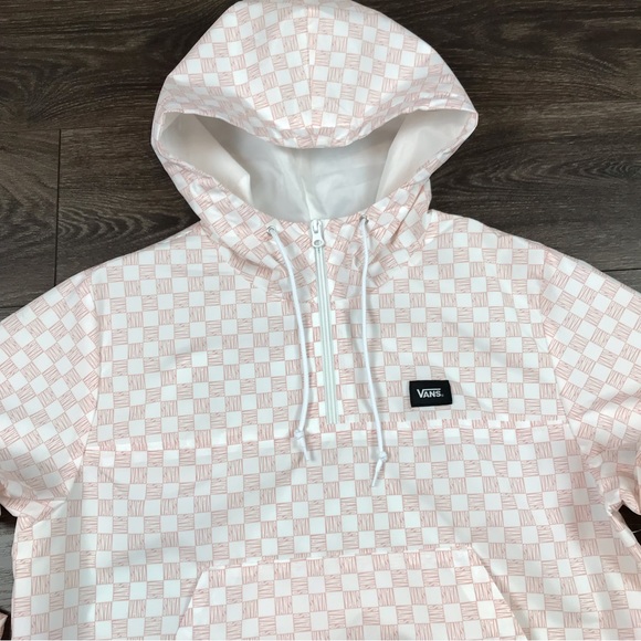 Vans Women’s Pink & White Half Zip Hooded Checkered Cropped Windbreaker Size XL - Picture 2 of 8